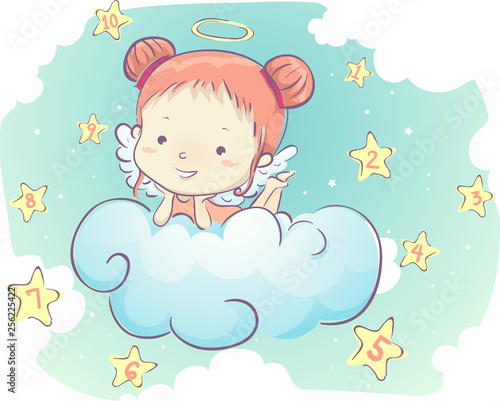 Obraz na plátně Kid Girl Angel Clouds Stars Numbers Illustration