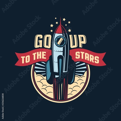 The rocket launches into space badge emblem in retro style