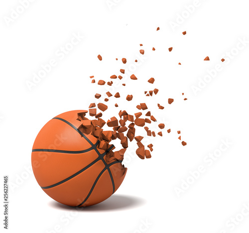 3d rendering close-up of basketball starting to dissolve into pieces on white background.