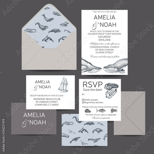 Wedding Card with whale. Colorful vector illustration with wildlif animals. Save the date invitation.