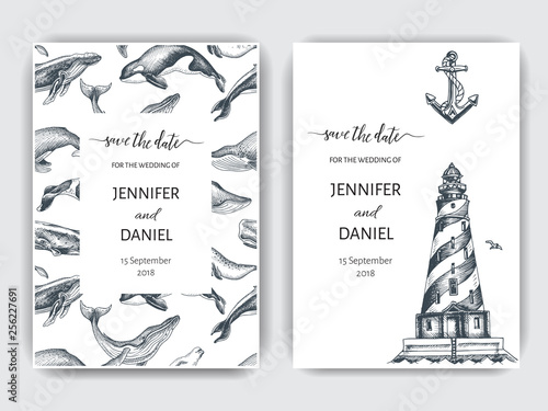 Wedding Card with whale. Colorful vector illustration with wildlif animals. Save the date invitation.