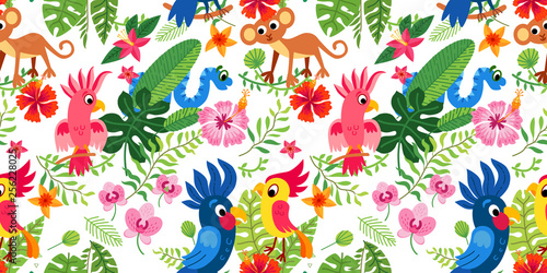 Cute tropical birds in jungle. Parrots and toucan sitting on branches.