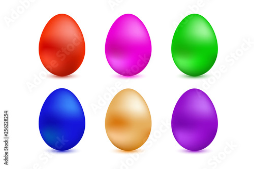 A set of colored Easter eggs on a white background. Bright colored shiny eggs. Elements for design. Happy Easter.