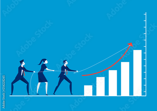 illustration of business people pulling arrow on bar graph