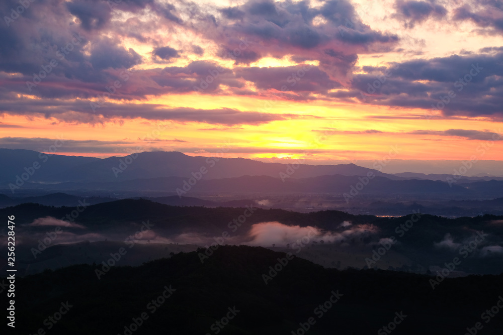 Obraz premium Mist in the mountain hills with morning light in Chiangrai, north of Thailand
