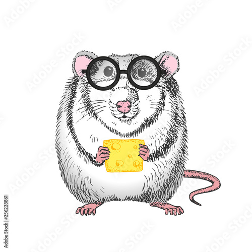 Hand-drawn illustration of a white rat wearing glasses with diopters and cheese