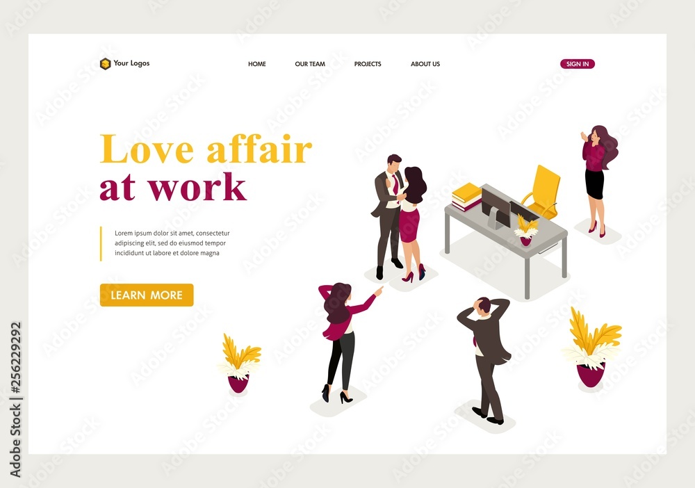 Isometric love affair at work, colleagues shocked love colleagues. Website Template Landing page