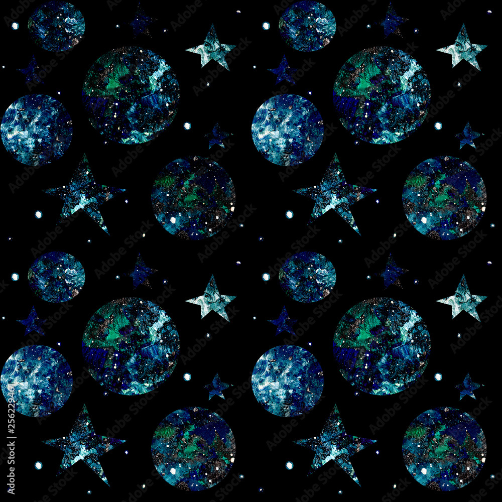 Space seamless pattern on a black background with stars, planets, galaxies.