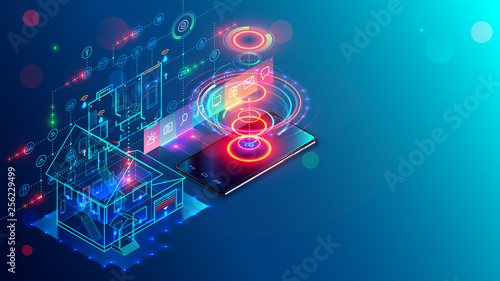 Smart home isometric concept. System control of iot. Internet things in building development and mobile app of monitoring appliances and security system. Automation remote control electronic devices