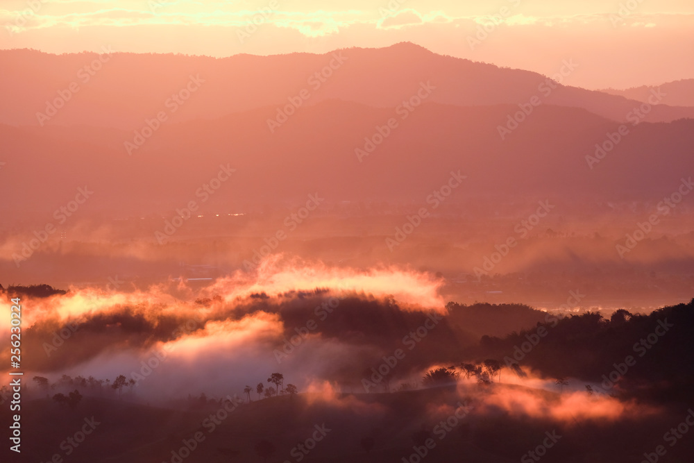 Mist in the mountain hills with morning light in Chiangrai, north of Thailand