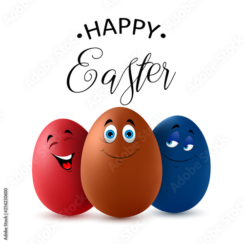 Happy Easter lettering with cute colorful eggs. Funny Easter eggs. Isolated on white background. Vector illustration. photo