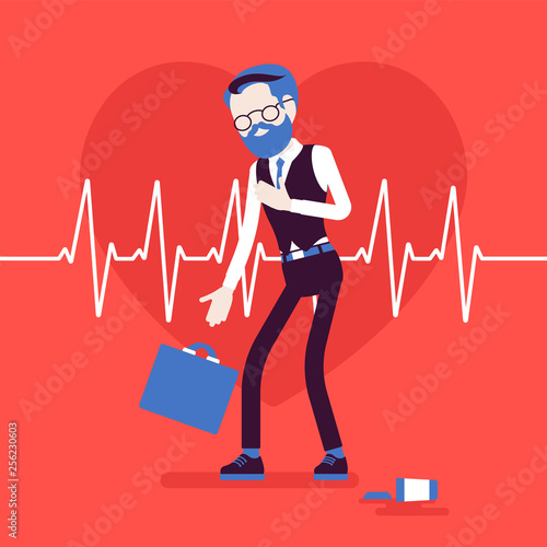 Heart attack male symptoms. Senior man has a sudden great pain, aching sensation in chest, medical emergency case, cardiogram pulse. Medicine and healthcare. Vector illustration, faceless characters