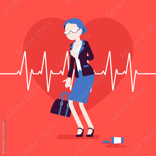Heart attack female symptoms. Senior woman has a sudden great pain, aching sensation in chest, medical emergency case, cardiogram pulse. Medicine, healthcare. Vector illustration, faceless characters