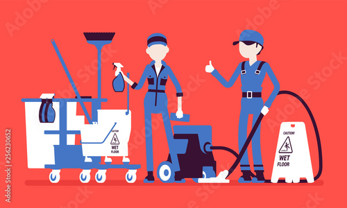 Janitors team working with professional tools. Workers in uniform employed to take care of building, apartment or office, janitorial equipment for cleaning. Vector illustration, faceless characters