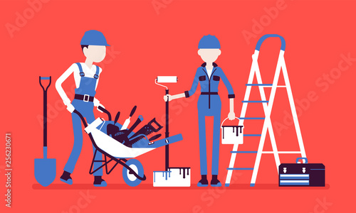 Construction workers with professional equipment. Male, female laborers in uniform employed to build, repair, engaged in manual work, physical labour industry. Vector illustration, faceless characters