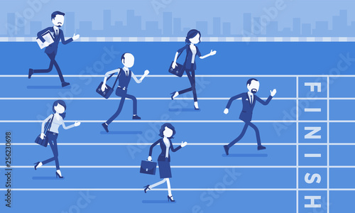 Businessmen running at business competition. Rivalry race between companies or managers, workers in motivational contest, employees establishing superiority. Vector illustration, faceless characters