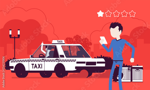 Bad car and rude driver in taxi rating app system. Angry male passenger ranking by smartphone application, service quality, route, price, safety performance. Vector illustration, faceless characters