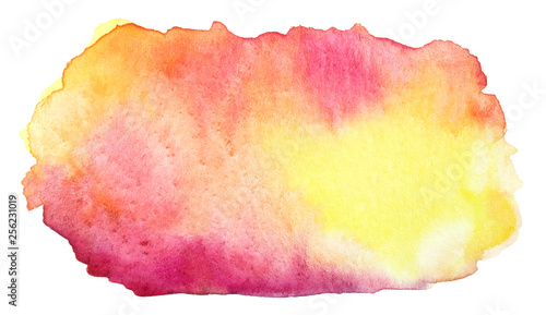 Abstract pink yellow watercolor brush stroke isolated on white background.