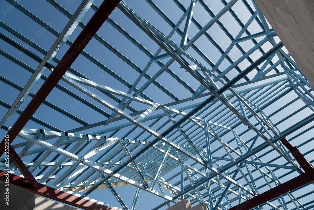 Structure of steel roof frame for building construction.