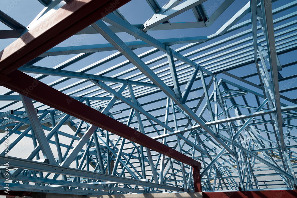 Structure of steel roof frame for building construction.