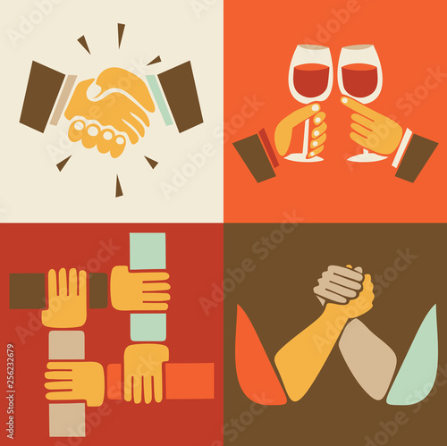 Vector illustration icon set of hand: handshake, party, team, armwrestling