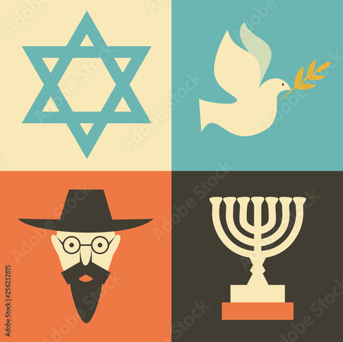 Vector illustration icon set of Israel: Star of David, bird, man, menorah