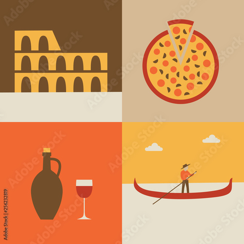 Vector illustration icon set of Italy: flag, Coliseum, pizza, gondolier