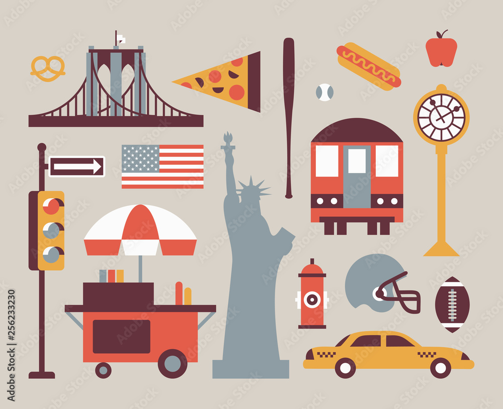 New York city, vector flat illustration, icon set