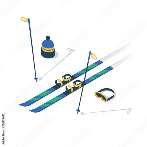 Skiing, vector isometric concept illustration, 3d icon set, wight background
