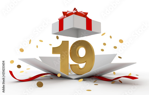 Photography Happy 19th birthday gold surprise boxwith red ribbon