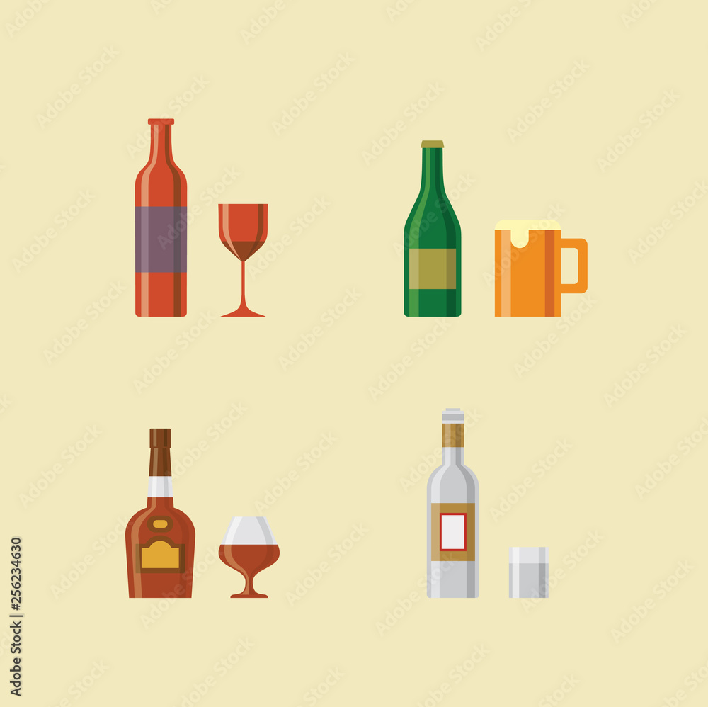 Vector illustration icon set of alcoholic drinks: wine, beer, brandy, vodka Vector illustration icon set of alcoholic drinks: wine, beer, brandy, vodka