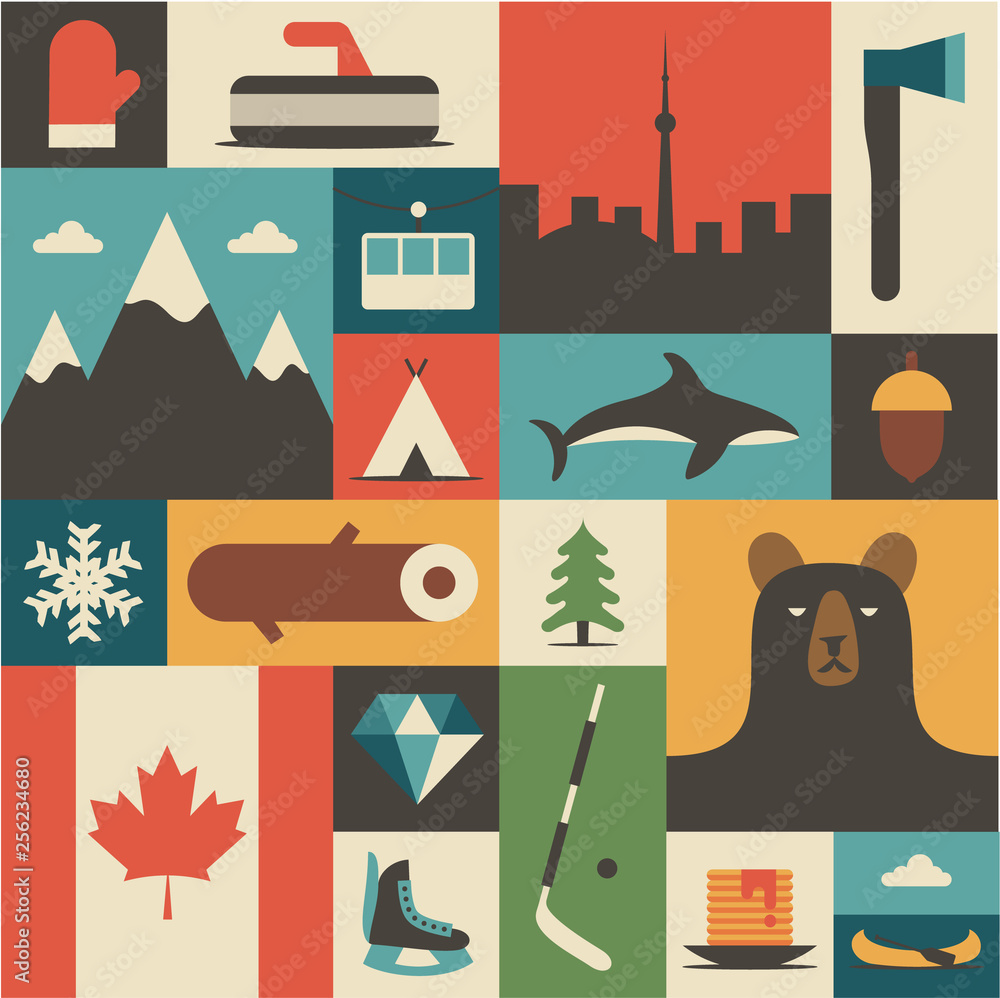 Fototapeta premium Canada, vector flat illustration, icon set, background.