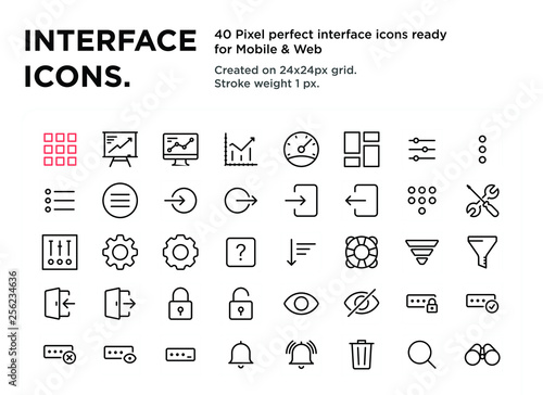 40 Interface Icons, pixel perfect, created on 24x24px grid, ready for all mobile platforms, web and print, easy to change color or size 