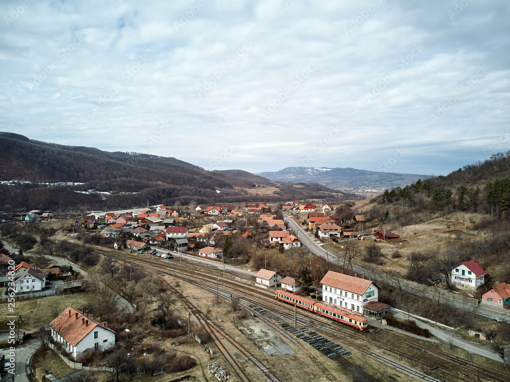 Aerial shot of famous Praid salt city at daylight