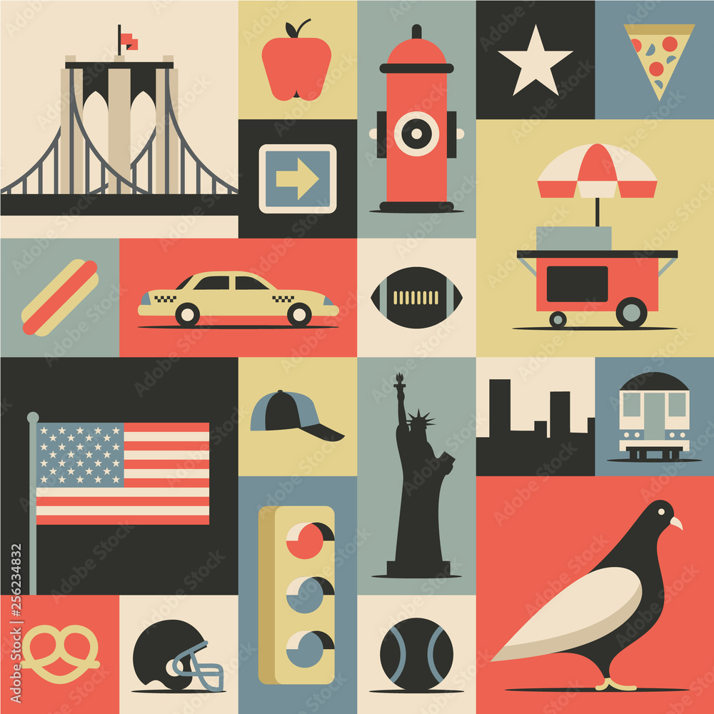 New York City, vector flat illustration, icon set, travel background ...