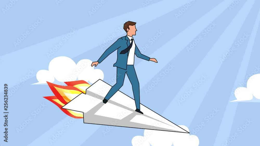 Flat cartoon businessman character flying on paper airplane crash animation with alpha matte Flat cartoon businessman character flying on paper airplane crash animation with alpha matte