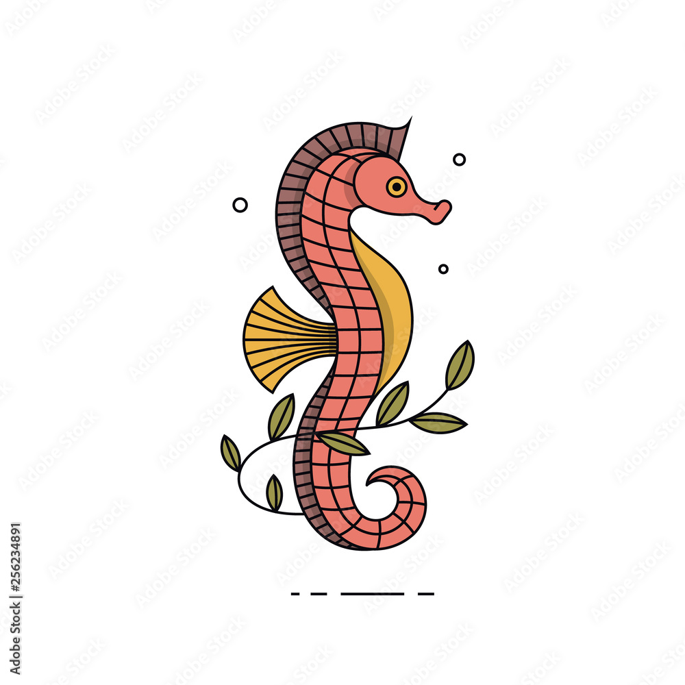Fototapeta premium Summer sea icon with seahorse in flat design. Vector illustration.