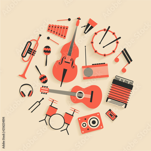 Music, vector flat illustration of musical instruments, icon se, white background.
