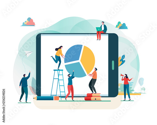 Business report. Financial management, Teamwork, Statistics, Pie chart. Create idea to success. Vector illustration. Flat cartoon character graphic design. Landing page template,banner,flyer,web page