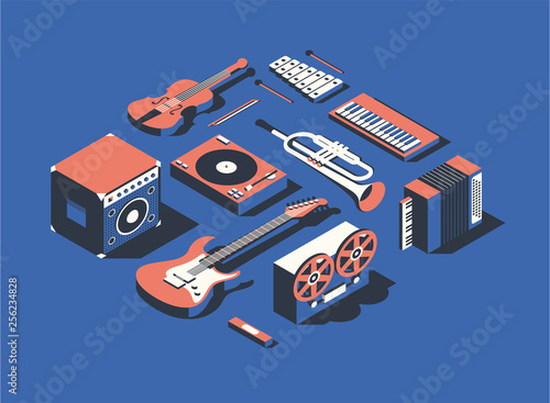 Vector illustration, isometric icon set, collection of musical instruments, blue background.