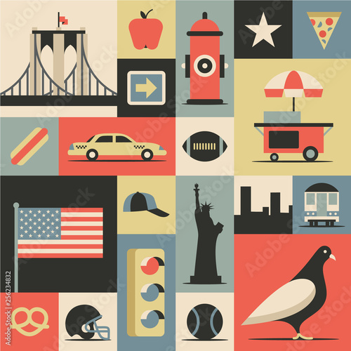 New York City, vector flat illustration, icon set, travel background.
