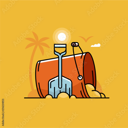 Beach scene with red bucket and blue shovel in the sand.  Summertime travel concept vector illustration.