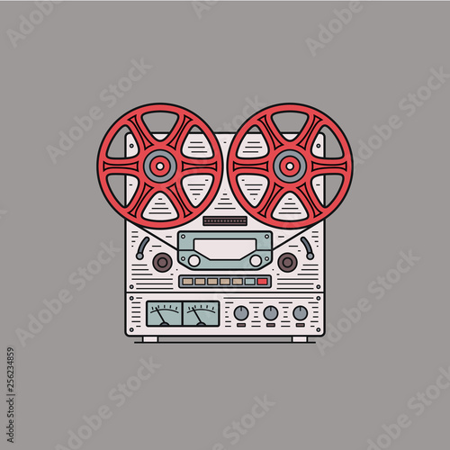 Vector vintage reel to reel tape recorder. Outline Illustration in retro style.