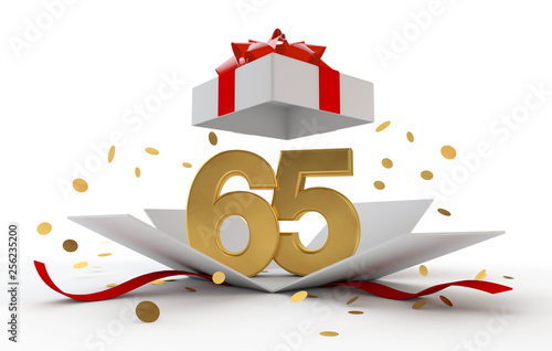 Happy 65th birthday gold surprise boxwith red ribbon. 3D Rendering photo