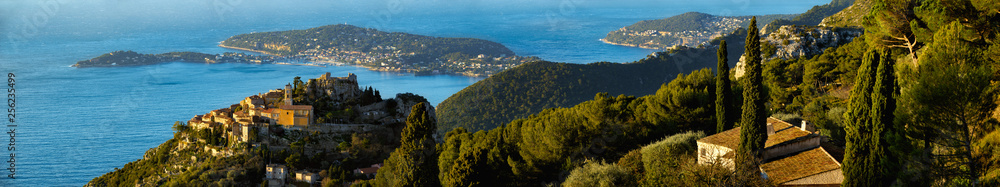 Village of Eze with Saint-Jean-Cap-Ferrat and the Mediteranean Sea in Summer. French Riviera panoramic view. Alpes-Maritime, Provence Alpes Cote d'Azur, France