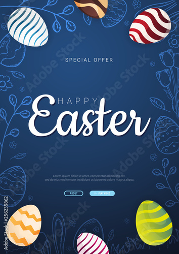 Happy Easter background with traditional sketches decorations. Easter greeting with colored eggs, rabbit.