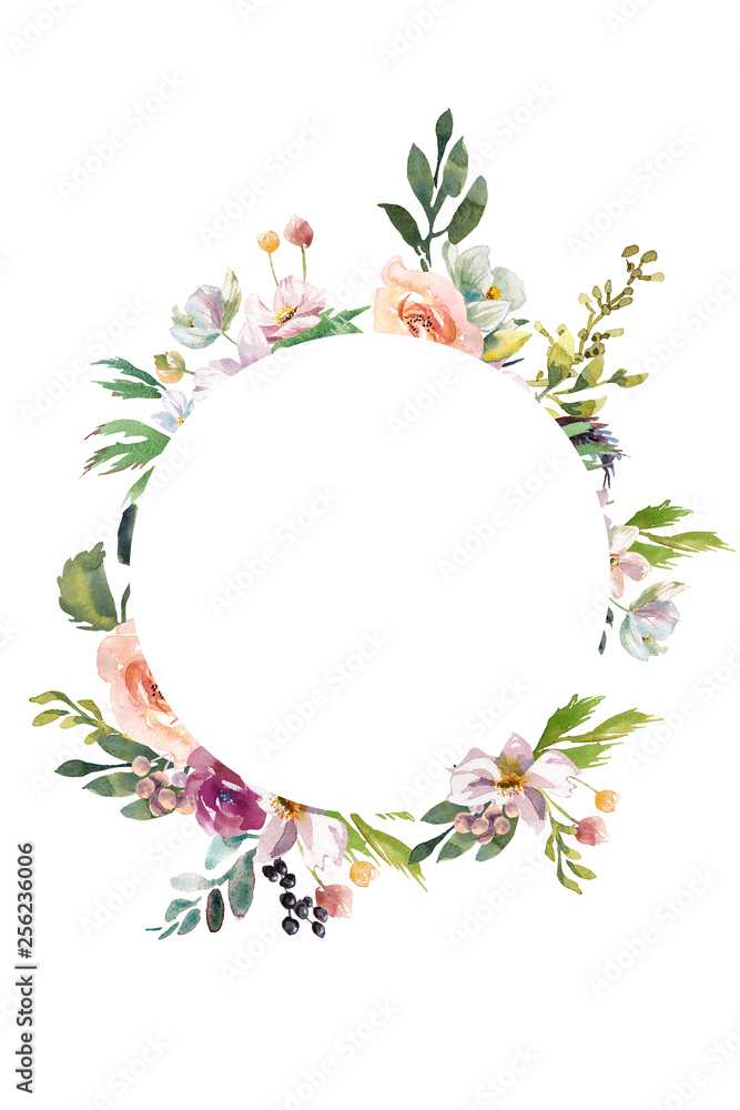 Wedding romantic rustic bridal frame wreath. White purple and white flowers green leaves ornament