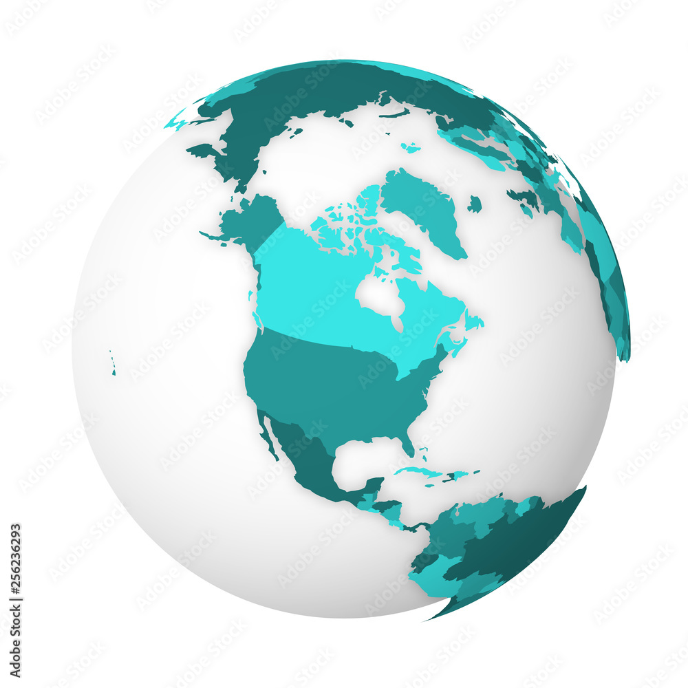 Naklejka premium Blank political map of North America. 3D Earth globe with turquoise blue map. Vector illustration