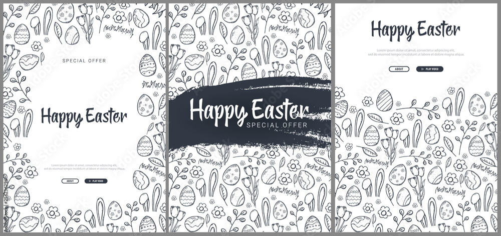 Set of Happy Easter backgrounds with traditional sketches decorations. Easter greeting with colored eggs, rabbit. Set of Happy Easter backgrounds with traditional sketches decorations. Easter greeting with colored eggs, rabbit.