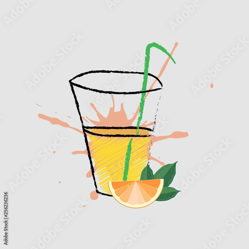 Natural fresh orange juice in a glass hatching style. Orange slice, tube for drinking.